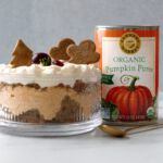 shot of a gingerbread pumpkin trifle in a glass serving dish