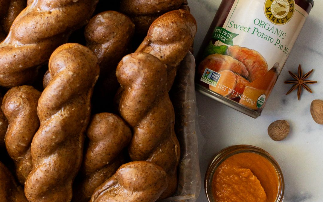 a basket of GF sweet potato pie mix donuts