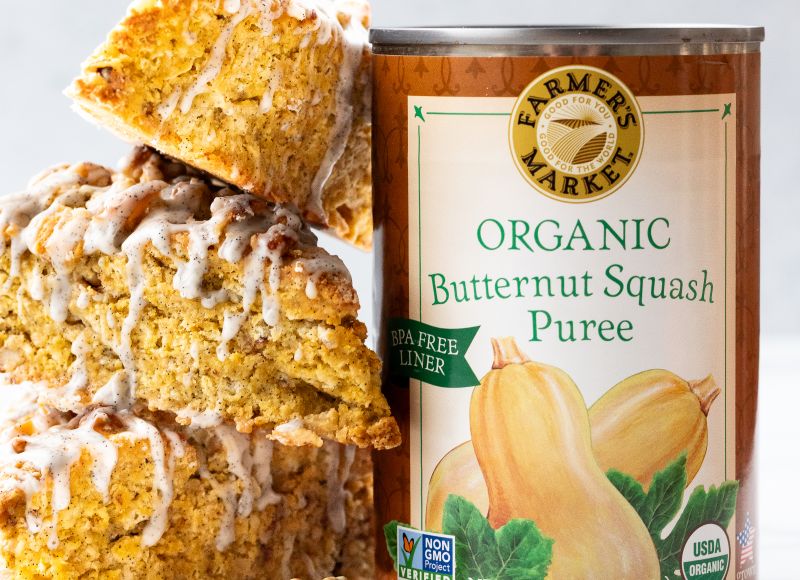Toasted Walnut & Butternut Squash Scones with a can of Farmer's Market Organic Butternut Squash Puree