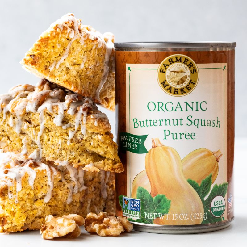 Toasted Walnut & Butternut Squash Scones with a can of Farmer's Market Organic Butternut Squash Puree
