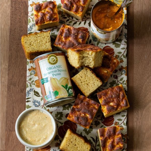 a spread of butternut squash and sage focaccia